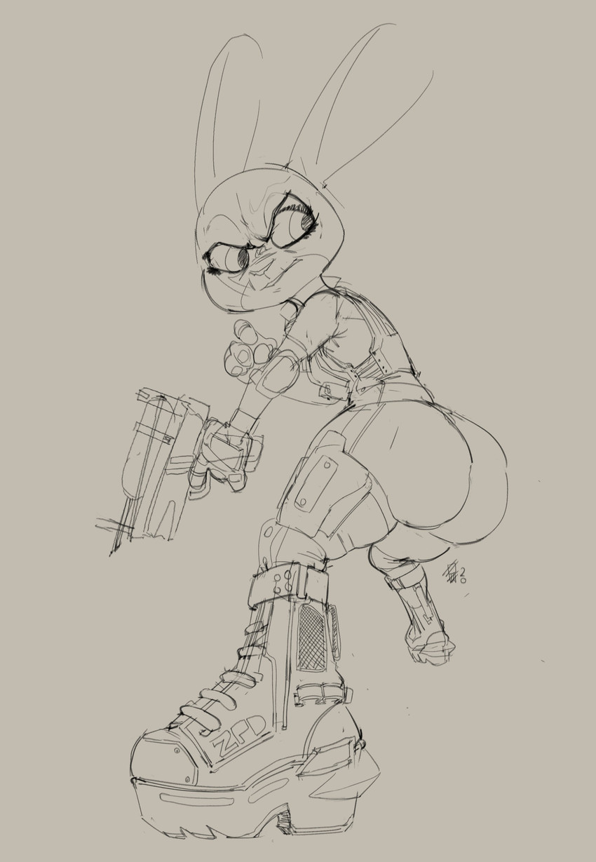 action_pose anthro armor big_butt boots bulletproof_vest butt clothing detailed_clothing female footwear gun holding_gun holding_object holding_ranged_weapon holding_weapon perspective pose ranged_weapon shoes solo tranquilizer weapon sixsidesofmyhead disney zootopia judy_hopps lagomorph leporid mammal rabbit absurd_res digital_media_(artwork) hi_res sketch