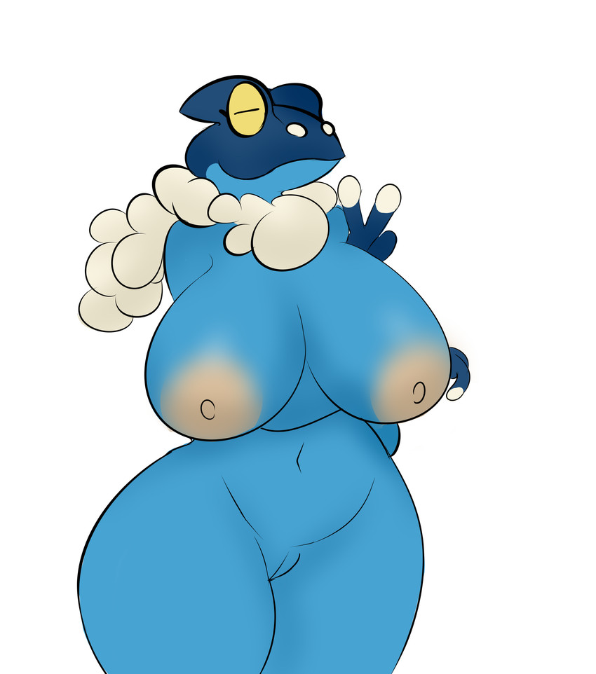 anthro areola big_areola big_breasts breasts eyes_closed female genitals navel nipples pussy slim small_waist smile solo wide_hips plantedpot nintendo pokemon amphibian frogadier generation_6_pokemon pokemon_(species) absurd_res hi_res