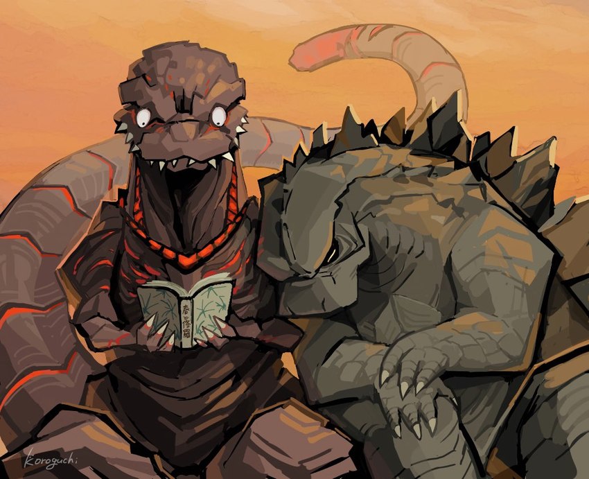 ambiguous_gender book claws duo eyes_closed feral grey_body grey_scales grey_skin head_on_shoulder holding_book holding_object leaning_on_another long_tail nude pupils reading reading_book red_accents resting resting_on_shoulder scales semi-anthro sharp_teeth sitting small_pupils spinal_plates tail teeth koroguchi godzilla_(series) toho godzilla godzilla_(2014) shin_godzilla kaiju monster reptile scalie 2018 signature