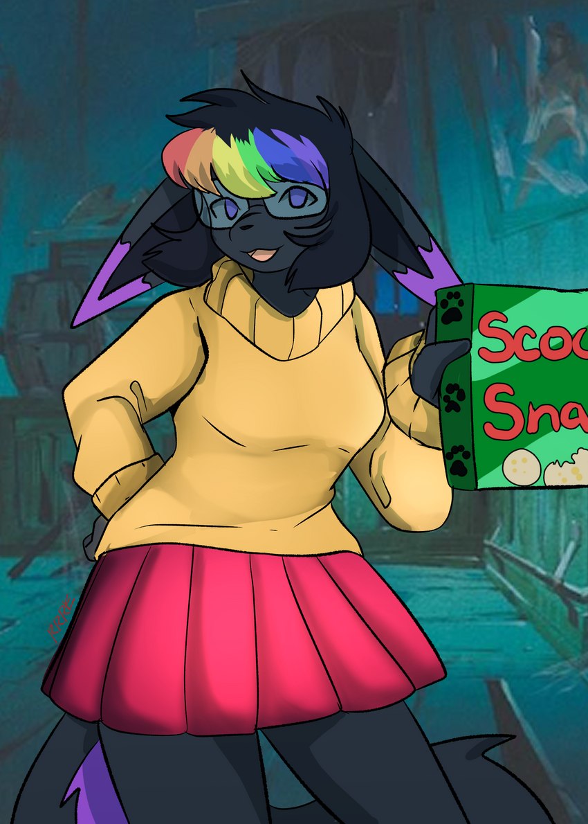 alternate_color anthro clothed clothing eyewear female fully_clothed glasses hair looking_at_viewer multicolored_hair open_mouth scooby_snacks simple_background smile solo topwear raveneevee hanna-barbera nintendo pokemon scooby-doo_(series) fan_character raven_eevee velma_dinkley eevee generation_1_pokemon mammal pokemon_(species) absurd_res digital_media_(artwork) hi_res