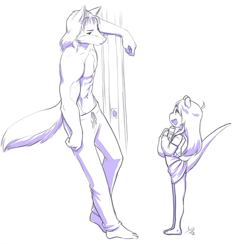 abs age_difference anthro clothed clothing duo female fully_clothed larger_male male older_male simple_background size_difference smaller_female standing topless white_background young young_anthro young_female younger_female aogami ceylon_(stitchy626) nanten canid canine fox mammal mustelid otter 2018 signature