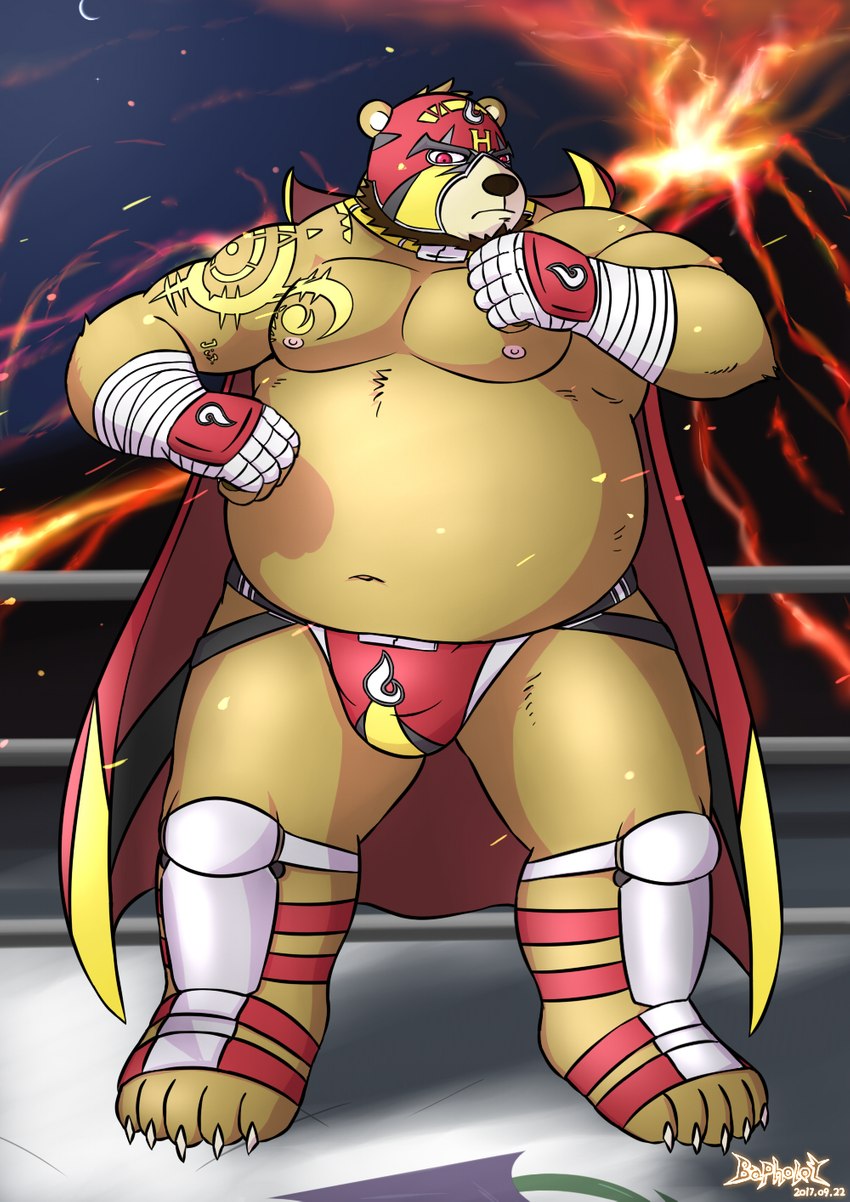 anthro bandage bandaged_arm belly big_belly brown_body bulge clothing fighting_ring humanoid_hands jockstrap kemono male mask moobs nipples overweight overweight_male solo underwear volcano wrestler mtflying30371 bear mammal 2017 hi_res