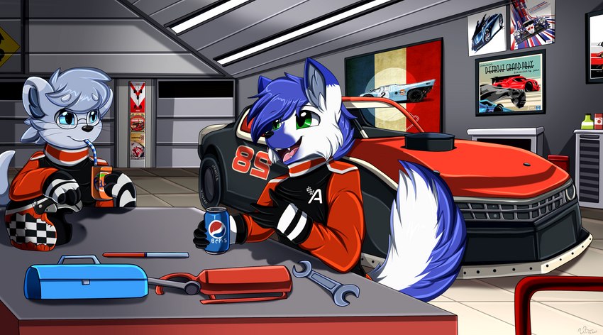 anthro bendy_straw car drinking drinking_straw eyewear female fur glasses juice_can male multicolored_body multicolored_fur open_mouth product_placement race_car tools vehicle workshop wrench pridark fanta pepsi canid canine fox mammal mustelid otter 2022 absurd_res digital_media_(artwork) hi_res