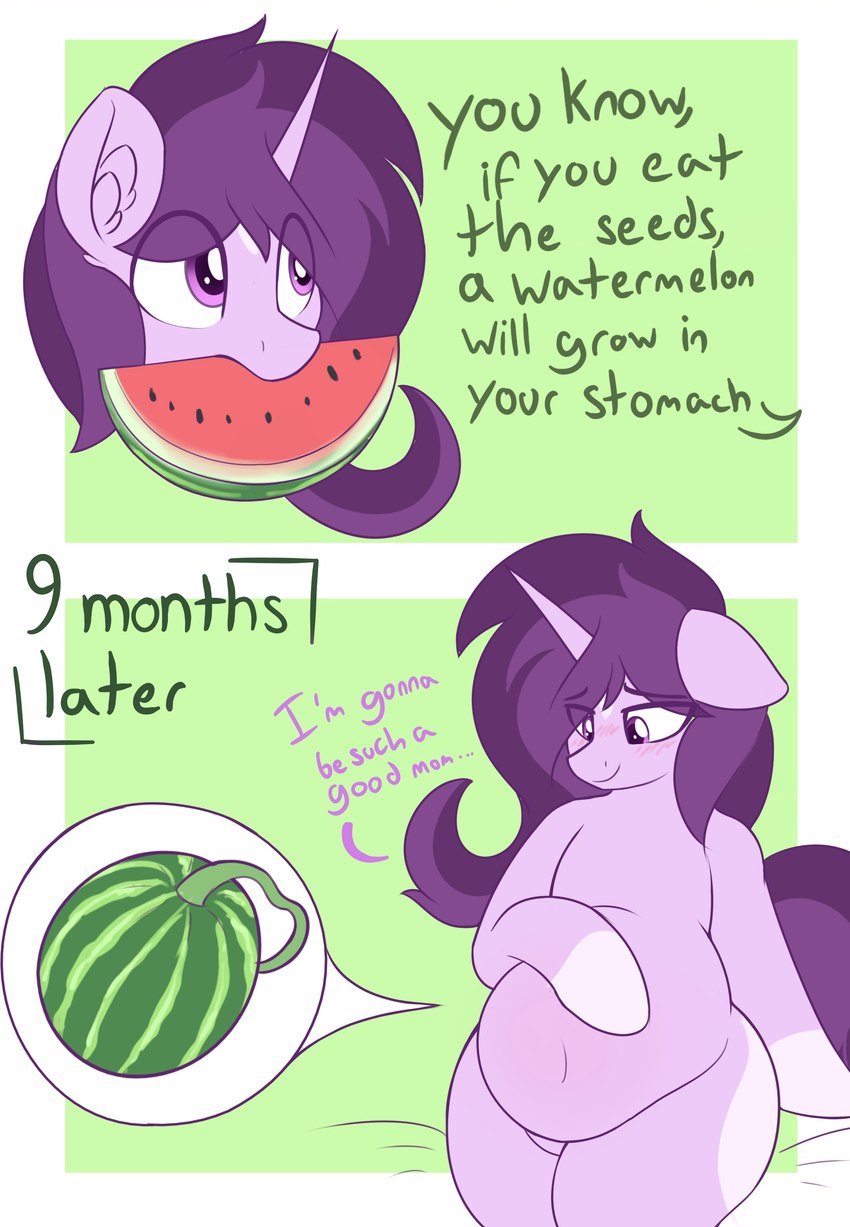 anthro blush cutaway dialogue food fruit hair horn idiom male melon object_cutaway plant pregnant pregnant_anthro pregnant_male purple_eyes purple_hair semi-anthro solo text watermelon you_know_(idiom) czu hasbro my_little_pony mythology czupone fan_character equid equine mammal mythological_creature mythological_equine unicorn absurd_res english_text hi_res