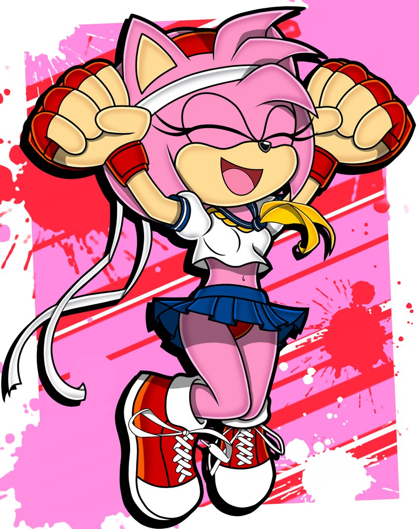 anthro bottomwear breasts cheering clothed clothing eyelashes eyes_closed female footwear fur handwear jumping navel skirt solo topwear toyminator900 capcom sega sonic_the_hedgehog_(series) street_fighter amy_rose sakura_kasugano eulipotyphlan hedgehog mammal 2024 digital_media_(artwork) hi_res