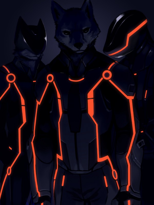 anthro armor clothing cyberpunk group headgear helmet looking_at_viewer male neon science_fiction standing suit tron_lines fffffolder disney tron tron:_legacy canid canine canis mammal wolf 3:4 hi_res