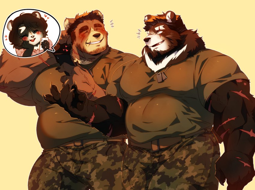 anthro arm_scar beard belly black_facial_hair black_hair blush bottomwear brown_body brown_fur brown_hair camo camo_bottomwear camo_clothing camo_pants camo_print chest_markings claws clothing cutaway dialogue dog_tags duo eye_scar eyes_closed facial_hair facial_markings facial_scar female finger_claws forearm_muscles fur green_clothing green_shirt green_topwear group hair hand_scar head_markings heart_symbol lip_scar male markings musclegut muscular muscular_anthro muscular_male muzzle_(marking) neck_tuft pants pattern_bottomwear pattern_clothing pattern_pants pawpads scar shirt speech_bubble stubble topwear trio tuft walking white_body white_fur white_markings booboo34 claudia_zoloto cliff_zoloto simon_zoloto bear black_bear brown_bear mammal moon_bear ursine 2022 absurd_res hi_res