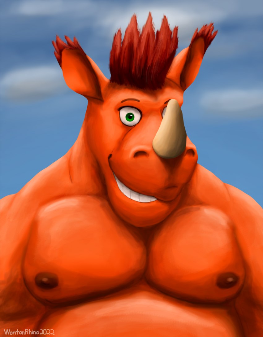 anthro belly close-up cloud ear_tuft ears_up hair horn looking_at_viewer male moobs nipples orange_body orange_hair overweight overweight_male simple_background sky smile smiling_at_viewer solo spiky_hair standing toony tuft wontonrhino wonton_(wontonrhino) mammal rhinoceros half-length_portrait hi_res portrait shaded