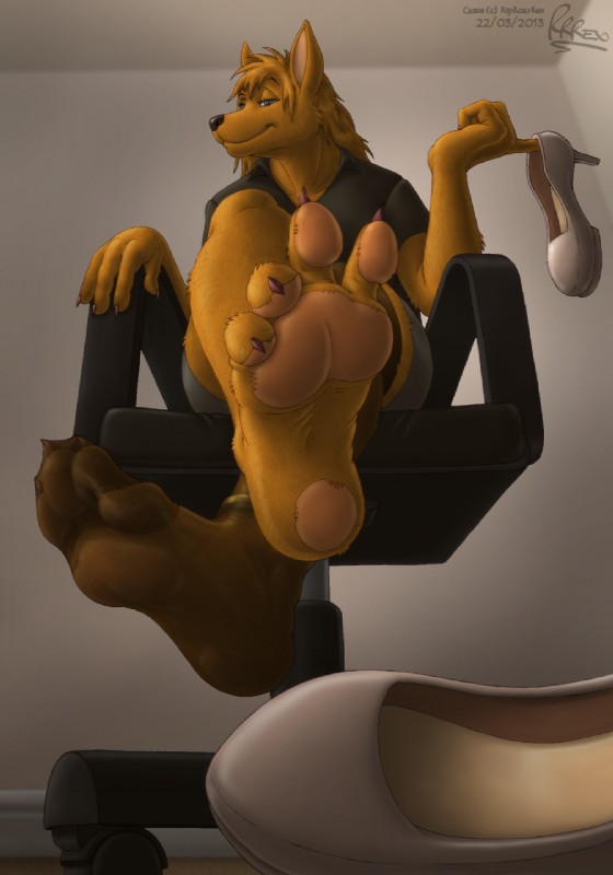 4_toes anthro chair claws clothing feet female foot_focus footwear furniture humanoid_feet legwear pawpads plantigrade shoes smile soles solo stockings toes riproarrex bird_dog canid canine canis domestic_dog german_shepherd golden_retriever herding_dog hunting_dog hybrid mammal pastoral_dog retriever hi_res