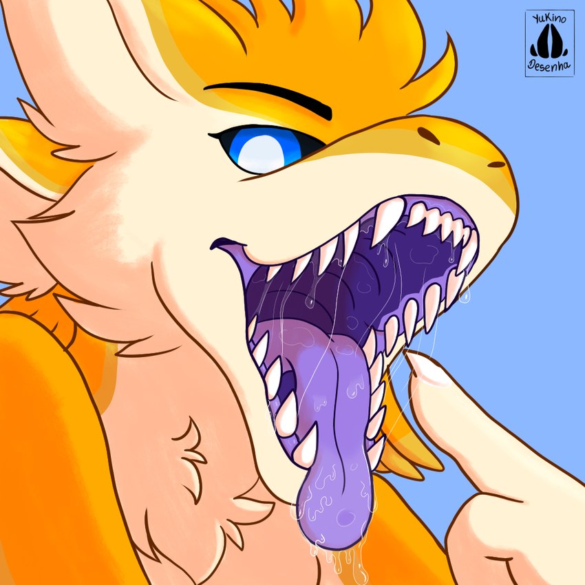 4_ears anthro black_eyebrows black_sclera blue_background blue_eyes bodily_fluids claws eyebrows fangs feather_hair feathers finger_claws gaping_mouth hair male male_anthro mouth_shot multi_ear nude nude_anthro nude_male open_mouth orange_body orange_ears orange_feathers orange_hair pointing_at_mouth pseudo_hair purple_insides purple_mouth purple_tongue saliva saliva_on_tongue saliva_string simple_background solo teeth tongue tongue_out white_body white_claws white_fangs white_feathers white_inner_ear yellow_body yellow_feathers yukino_desenha ravashi_(dynnie) avali avian 2023 male_(lore)