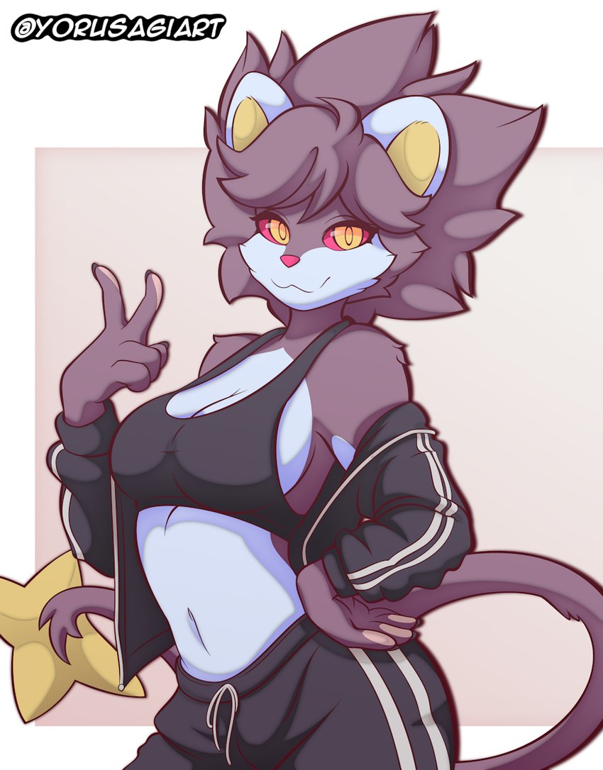 5_fingers anthro black_clothing breasts cleavage clothed clothing female fingers gesture hand_gesture looking_at_viewer medium_breasts midriff red_nose red_sclera simple_background smile smiling_at_viewer solo tail tracksuit v_sign yellow_eyes yorusagi nintendo pokemon generation_4_pokemon luxray pokemon_(species) 2023 artist_name