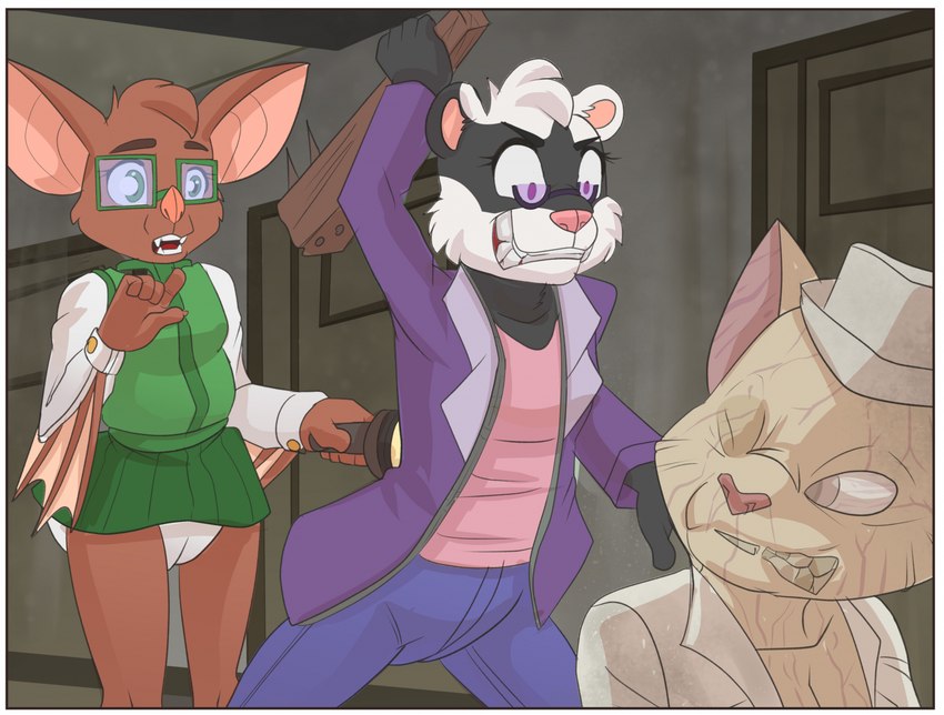 anthro bat_(object) black_body black_fur brown_body brown_fur clothed clothing diaper diaper_under_clothing exposed_diaper eyewear facial_scar female flashlight fur glasses green_eyes green_outfit group hospital jacket nailed_bat nails nurse nurse_clothing pink_outfit purple_eyes purple_outfit scar swinging_weapon topwear trio wearing_diaper white_body white_eyes white_fur white_outfit wooden_pole paddedulf konami silent_hill badger bat domestic_cat felid feline felis mammal monster mustelid musteline hi_res