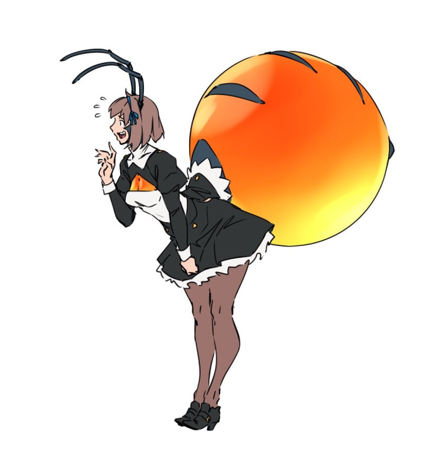 antennae_(anatomy) arthropod_abdomen black_clothing black_dress black_footwear bodily_fluids bottomwear breasts brown_hair cleavage clothed clothing dress female flying_sweatdrops footwear hair high_heels huge_arthropod_abdomen legwear maid_uniform monster_girl_(genre) open_mouth pantyhose shoes short_hair simple_background skirt small_breasts solo standing sweat sweatdrop uniform white_background randomtanstudio agatha_stuart_brightshire animal_humanoid ant ant_humanoid arthropod arthropod_humanoid honeypot_ant humanoid hymenopteran hymenopteran_humanoid insect insect_humanoid