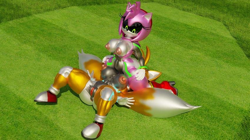 alternate_form anthro anus black_sclera breasts crossgender duo facesitting female female/female female_on_bottom female_on_top genitals grass green_eyes machine metallic_body mostly_nude mtf_crossgender multi_tail nipples on_bottom on_top pink_body plant pussy sitting_on_another tail text yellow_body twintails3d kabalmystic_(modeler) sega sonic_the_hedgehog_(series) amy_rose metal_amy metal_tails miles_prower android canid canine eulipotyphlan fox hedgehog mammal robot 16:9 2021 3d_(artwork) blender_(artwork) digital_media_(artwork) english_text hi_res widescreen