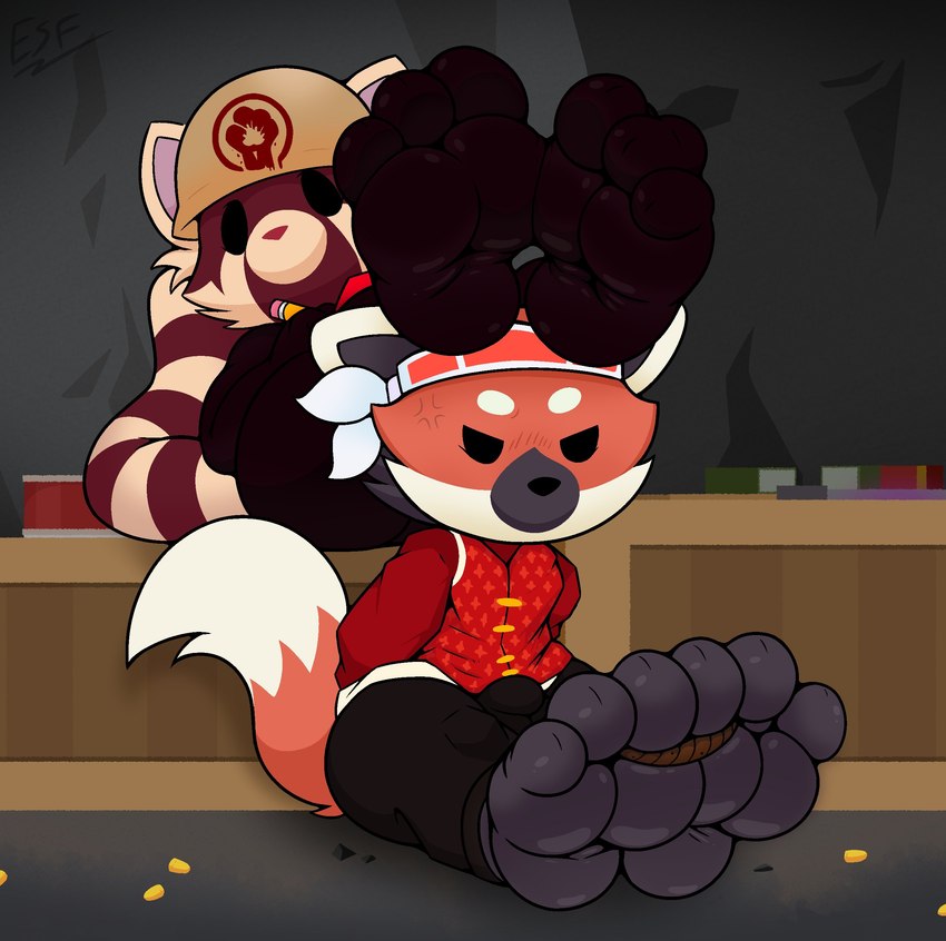 3_toes anthro armor bottomwear bound bulge clothed clothing duo feet feet_tied feet_up foot_focus headgear helmet humanoid_feet male male/male plantigrade sitting soles toes topwear electricsnowfox pixile_studios super_animal_royale ailurid canid canine fox mammal red_panda absurd_res hi_res