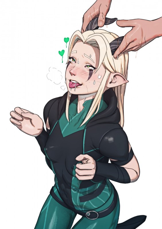 4_fingers ahegao ambiguous_fluids ambiguous_gender armband armor athletic belt black_belt black_clothing black_horn blonde_eyebrows blonde_hair blush bodily_fluids breasts breath clothing disembodied_hand duo eye_roll eyebrows female female_focus fingers front_view green_clothing hair heart_eyes heart_symbol hoodie horn horn_fetish horn_play horn_sex hornjob humanoid_pointy_ears kneeling light_body light_skin long_hair looking_pleasured multicolored_clothing nipple_outline not_furry panting petted_silly pink_body pink_skin pink_tongue pointy_ears saliva sex simple_background skinsuit small_breasts soft_abs solo_focus suggestive sweat teeth thigh_gap three-quarter_view tight_clothing tongue tongue_out topwear two_tone_clothing vambrace white_background white_hair john_doe_(artist) netflix the_dragon_prince rayla_(the_dragon_prince) elf horned_humanoid humanoid moonshadow_elf 2019 hi_res