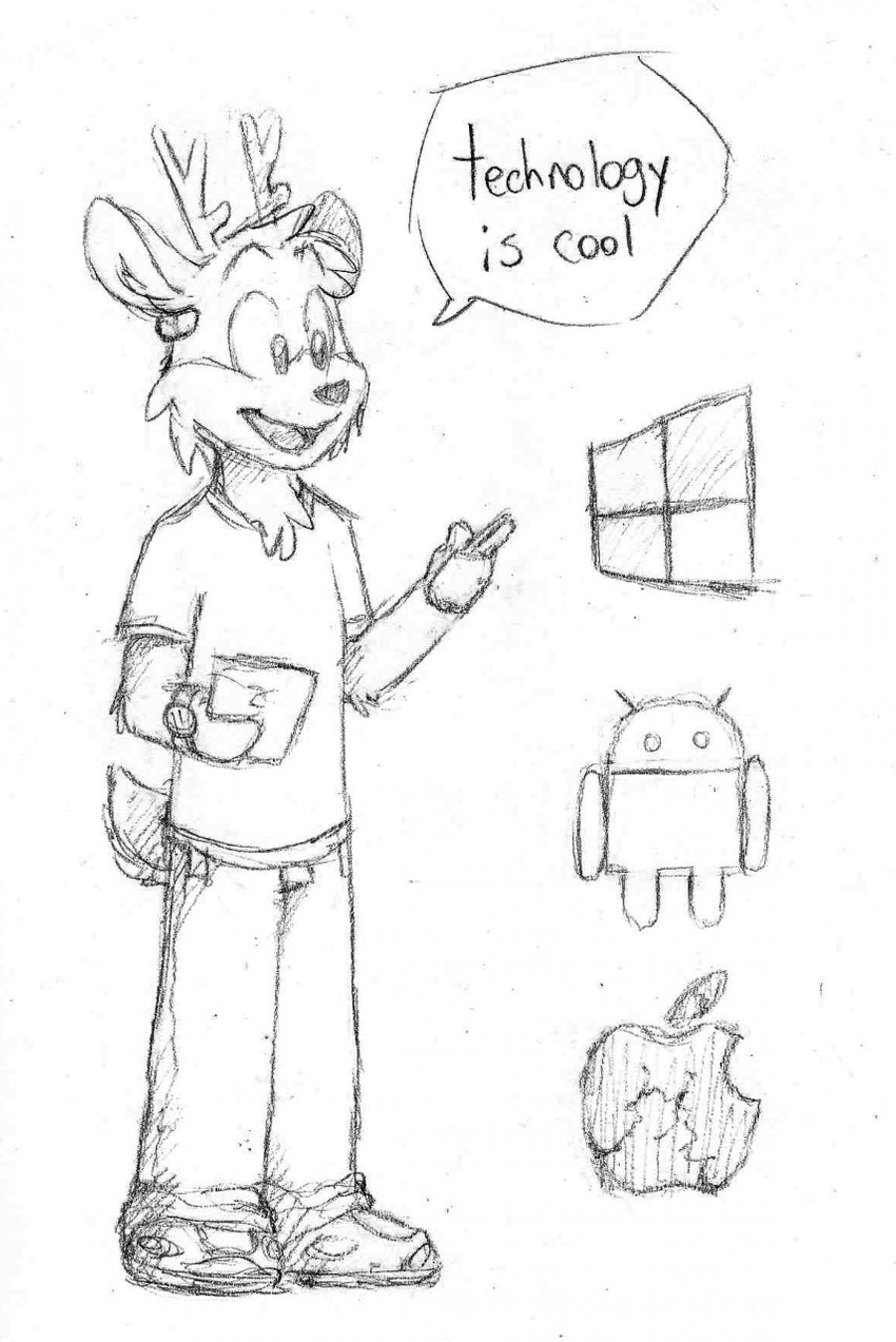 anthro antlers apple bottomwear clock clothed clothing dialogue food footwear fruit fully_clothed horn machine male pants plant scut_tail shirt shoes short_tail simple_background smile software_logo solo speech_bubble standing t-shirt tail text three-quarter_view topwear watch white_background windows_logo wristwatch tinydeerguy android_(os) google macintosh darwin_(tinydeerguy) deer mammal robot black_and_white english_text full-length_portrait graphite_(artwork) hatching_(art) hi_res line_art monochrome portrait shaded sketch traditional_media_(artwork)