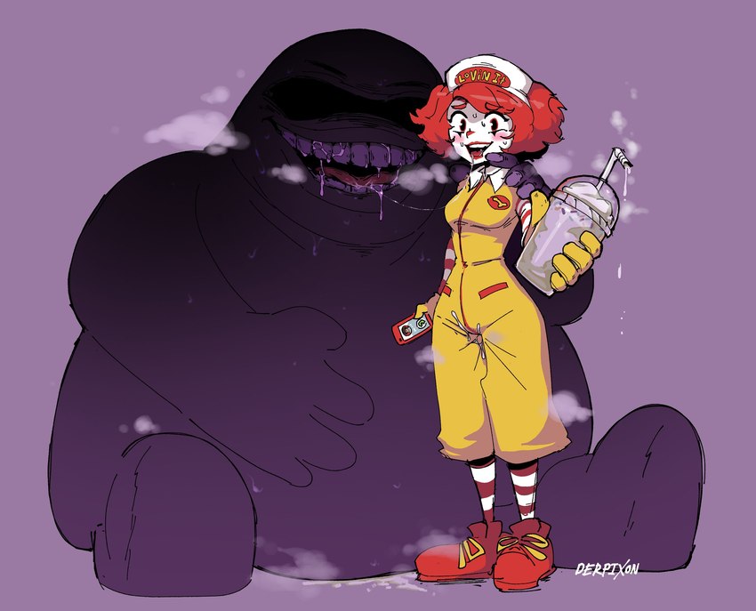 after_kiss beverage bodily_fluids breath crossgender dripping drooling duo electronics female hands_on_shoulders holding_object holding_phone male mascot nervous nervous_smile not_furry phone purple_background saliva simple_background sitting steam sweat teeth derpixon grimace_shake mcdonald's grimace_(mcdonald's) ronald_mcdonald human mammal monster digital_media_(artwork) hi_res meme shaded simple_shading