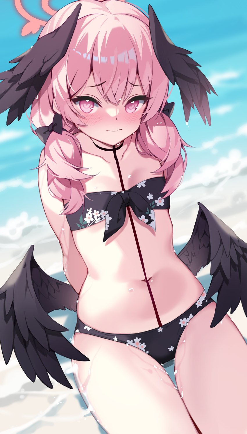 bikini blush blush_lines butt_wings clothing feathered_wings feathers female flat_chested hair navel pink_hair solo swimwear two-piece_swimsuit unusual_wing_placement water wings young pinki_o64 blue_archive koharu_(blue_archive) humanoid winged_humanoid absurd_res hi_res