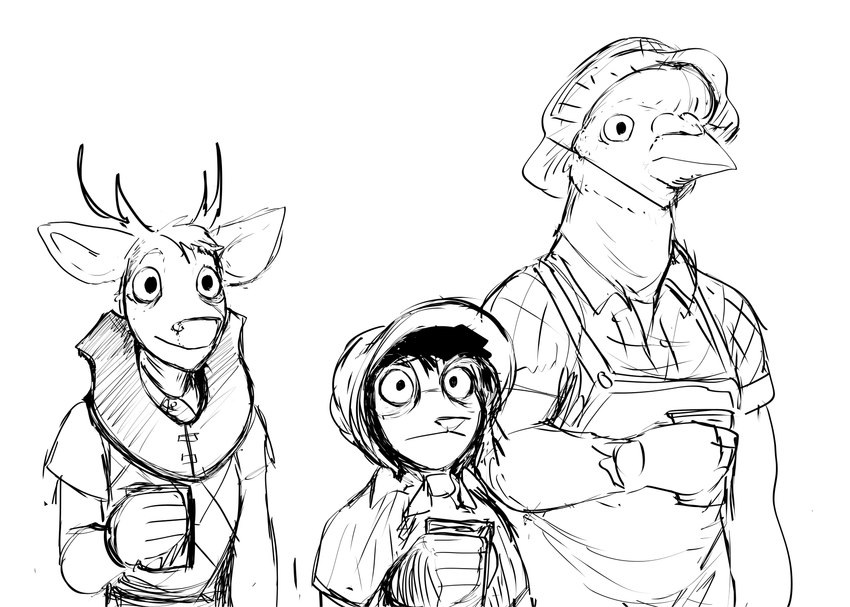 anthro clothing costume eyewear female glasses group hat headgear headwear holidays male trio hladilnik halloween deer_prince frankie_(hladilnik) marylin_(hladilnik) american_opossum avian bird columbid deer mammal marsupial pigeon 2023 black_and_white comic hi_res monochrome sketch