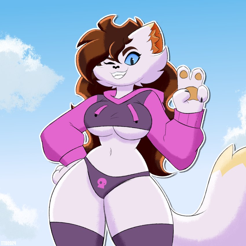 4_fingers anthro blue_sclera breasts brown_hair clothing cropped_hoodie female fingers front_view fur gesture hair hand_gesture hand_on_hip legwear long_sleeves navel one_eye_closed panties pantsless_anthro pantsless_female pawpads sky small_waist smile solo tail teeth thick_thighs thigh_highs under_boob underwear v_sign white_body white_fur wide_hips wink travis_the_dragon meme_clothing paggi_outfit mileena_smith_(travis_the_dragon) felid feline mammal 1:1 2024 digital_drawing_(artwork) digital_media_(artwork) hi_res meme portrait three-quarter_portrait