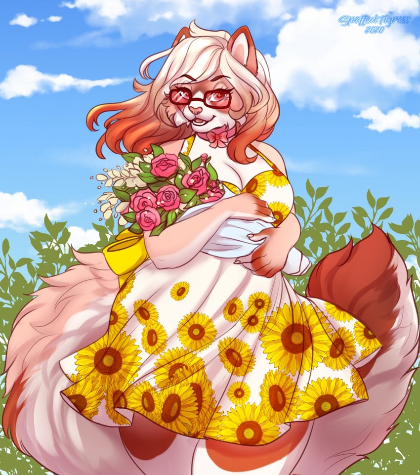 anthro blue_sky brown_body brown_fur brown_hair brown_tail clothed clothing cloud dress eyewear female floral_print front_view fur glasses hair open_mouth open_smile orange_body orange_fur outside pattern_clothing plant red_eyes shrub sky smile solo standing tail white_body white_clothing white_dress white_fur white_hair white_tail tiggybloom felid mammal 2020 dated hi_res