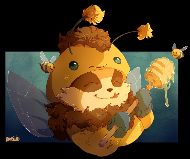 anthro bee_costume border clothing costume eyes_closed gloves group handwear smile solo_focus transparent_border trio ravoilie league_of_legends riot_games tencent beemo teemo_(lol) arthropod bee hymenopteran insect mammal yordle 2019 alpha_channel digital_media_(artwork) hi_res