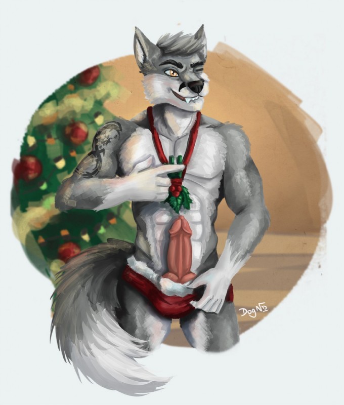 anthro biped bulge christmas_tree clothing erection fangs genitals holidays inside jewelry knot looking_at_viewer male mostly_nude muscular muscular_anthro muscular_male necklace one_eye_closed penis plant smile solo standing teeth tree underwear dognextdoor christmas canid canine canis mammal wolf hi_res