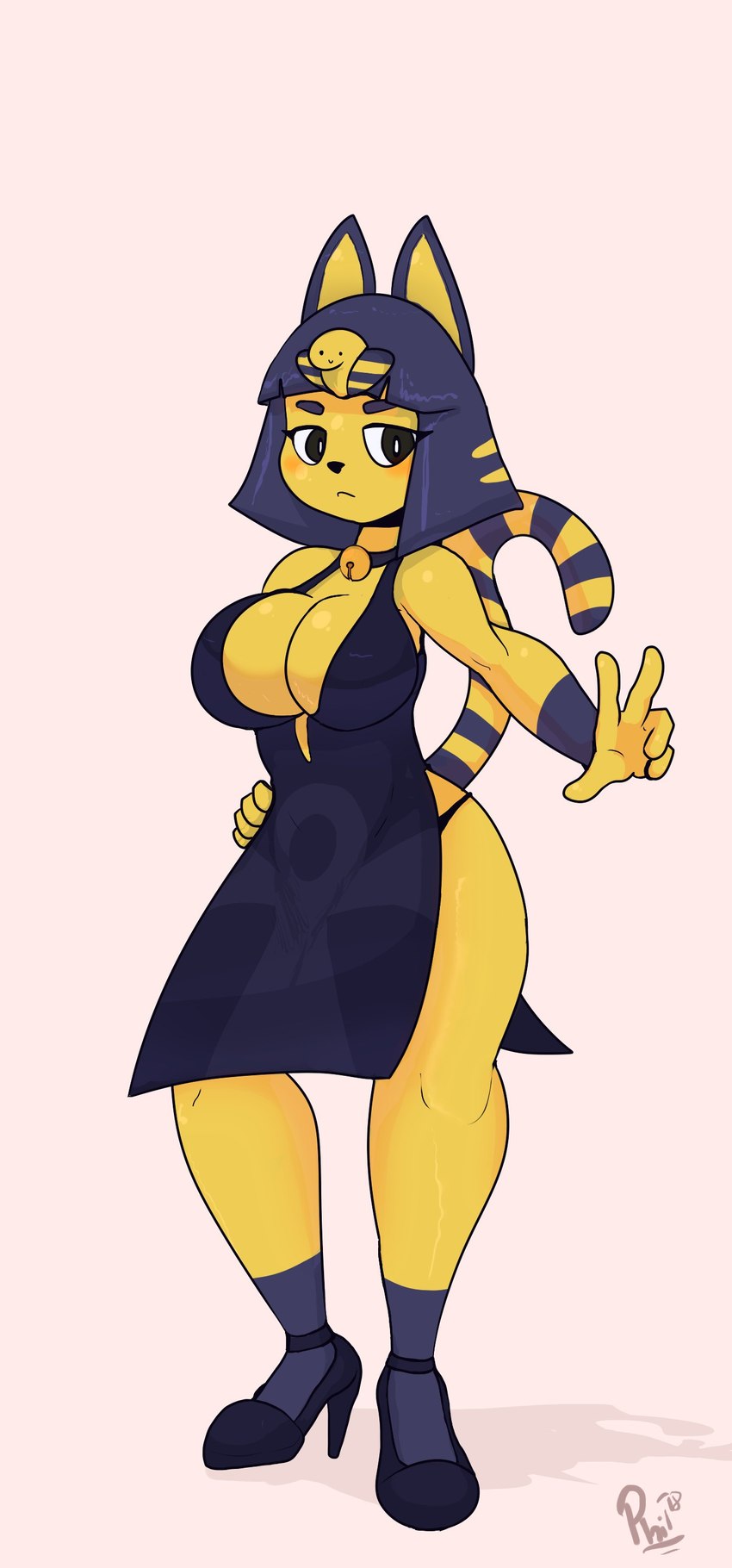 anthro bell bell_collar big_breasts blue_hair blush breasts clothed clothing collar dress female footwear hair high_heels shoes solo tail uraeus sirphilliam animal_crossing nintendo ankha_(animal_crossing) domestic_cat felid feline felis mammal absurd_res hi_res