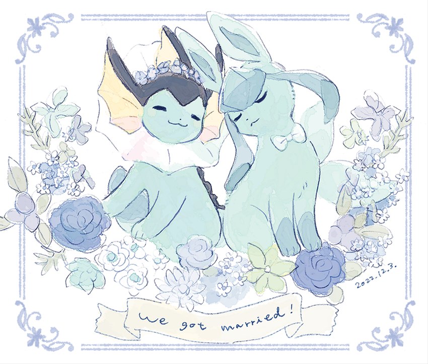 ambiguous_gender blue_body blue_fur bow_tie duo eyes_closed feral flower flower_crown fur happy paws plant text wedding yura_inaho nintendo pokemon eeveelution generation_1_pokemon generation_4_pokemon glaceon pokemon_(species) vaporeon 2022 dated english_text