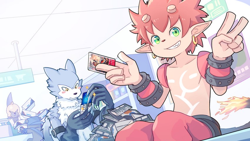 anthro blush card card_game claws duo fur gaming green_eyes grey_body grey_fur grin group hair male red_hair smile hierotubas bandai_namco digimon achillesmon bearmon digimon_(species) flamemon strabimon 16:9 widescreen