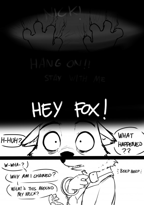 anthro claws clothing collar cuff_(restraint) dialogue handcuffs male metal_cuffs restraints shackles shock_collar solo teeth text alec8ter conditional_dnp disney zistopia zoodystopia zootopia nick_wilde canid canine fox mammal red_fox true_fox absurd_res black_and_white comic english_text hi_res monochrome