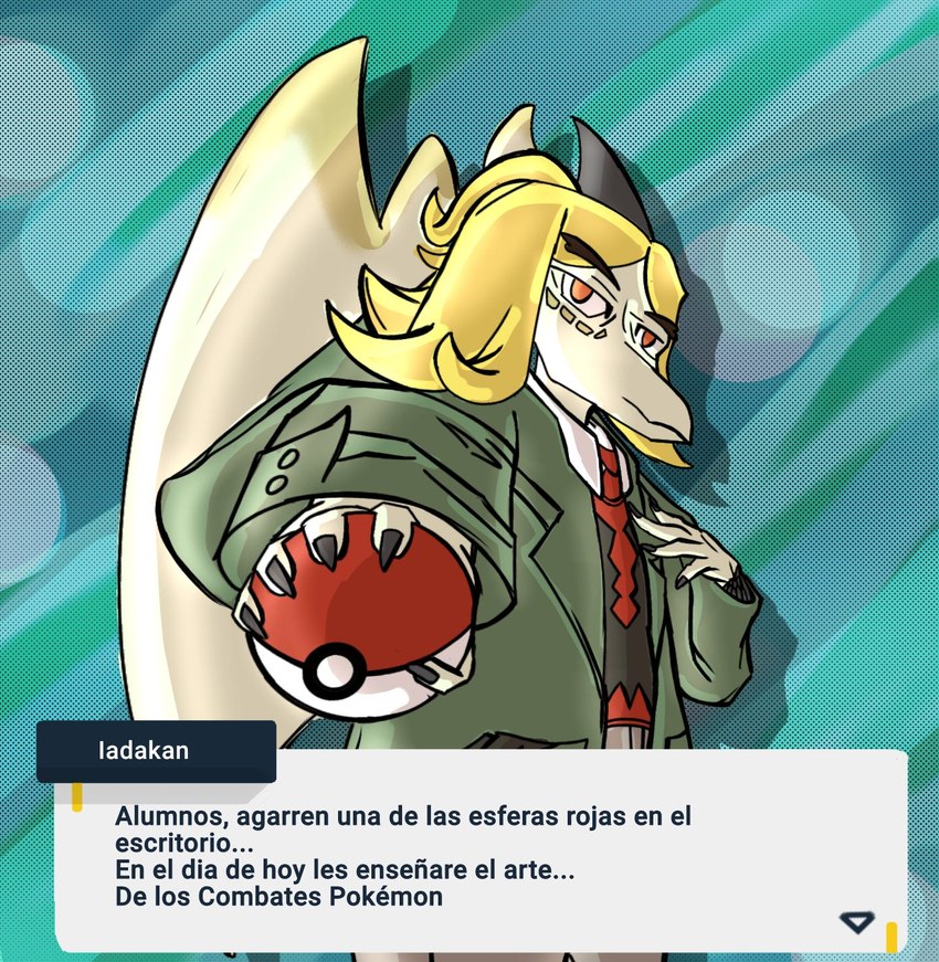 amber_eyes anthro blonde_hair claws clothing cosplay crossover_cosplay dialogue elite_four fingers hair head_crest jacket long_hair male pokeball scales simple_background snout solo tan_body tan_scales text topwear wings mechamega03 cavemanon_studios i_wani_hug_that_gator nintendo pokemon hassel_(pokemon) iadakan dinosaur prehistoric_species pterodactylus pterosaur reptile scalie 2023 crossover digital_drawing_(artwork) digital_media_(artwork) hi_res spanish_text translation_check translation_request