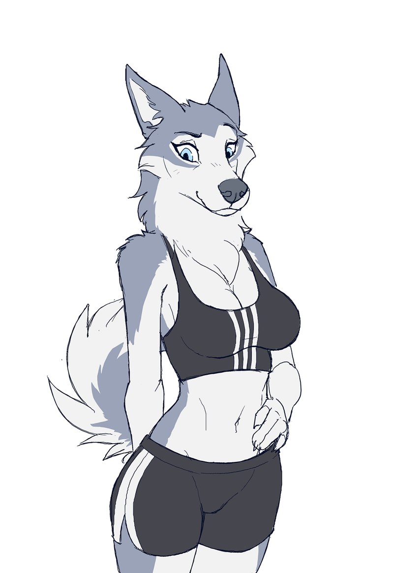 5_fingers anthro athletic athletic_wear black_nose blue_eyes bottomwear breasts claws cleavage clothed clothing countershade_face countershade_legs countershade_torso countershading eyebrows female finger_claws fingers fur fur_markings grey_body grey_fur gym_bottomwear gym_shorts looking_down markings midriff navel neck_tuft raised_eyebrow raised_tail shorts smile solo standing tail thick_neck topwear tuft white_body white_fur lf sports_bra_difference_meme amelie_(lf) canid canine canis domestic_dog husky mammal nordic_sled_dog spitz 2023 colored_sketch hi_res portrait sketch three-quarter_portrait