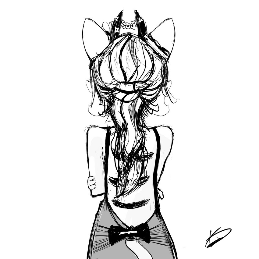 accessory anthro backless_clothing backless_dress black_ribbon bow_ribbon clothed clothing dress female flower_accessory furgonomics hair horn horn_accessory open_back_dress rear_view solo stripes forrest18 felid feline mammal 1:1 hi_res monochrome sketch