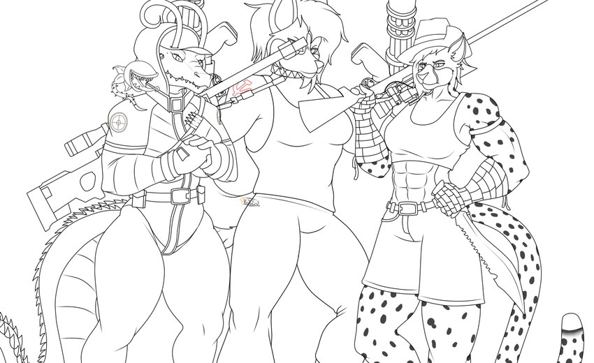 anthro australian_hat awp bandage clothed clothing female gatling_gun group gun hat headgear headwear holding_gun holding_object holding_ranged_weapon holding_weapon jewelry knife machine_gun markings midriff minigun muscular muscular_anthro muscular_female necklace plant ranged_weapon remington_700 rifle simple_background spots spotted_body tattoo weapon photolol.03 jessica_(photolol.03) kaila_(photolol.03) miss-mundany_(photolol.03) canid canine canis cheetah crocodile crocodilian felid feline mammal reptile scalie hi_res monochrome sketch