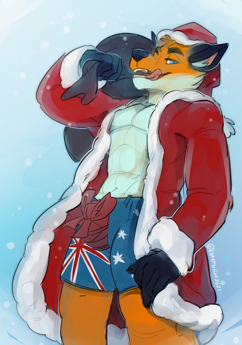 abs anthro australian_flag bell black_nose boxers_(clothing) christmas_clothing christmas_headwear clothed clothing costume fur grin hat headgear headwear holidays leaning leaning_backward looking_at_viewer male muscular muscular_male open_mouth orange_body orange_fur santa_costume santa_hat sexy_santa simple_background slim smile snow solo tongue tongue_out underwear white_body white_fur winter yellow_body yellow_fur emufur christmas orithan canid canine fox mammal absurd_res digital_media_(artwork) hi_res