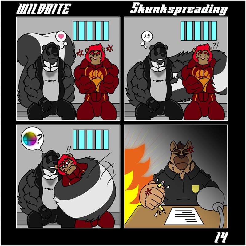 anthro anthro_on_anthro bars clothed clothing cross-popping_vein dialogue exclamation_point explosion fire group heart_symbol male male/male muscular muscular_male pecs police prison prisoner question_mark smash_ball speech_bubble uniform vein rubberbuns nintendo super_smash_bros. wildfire_(rubberbuns) canid canine canis domestic_dog felid german_shepherd herding_dog lion mammal mephitid pantherine pastoral_dog skunk 1:1 2018 comic pictographics