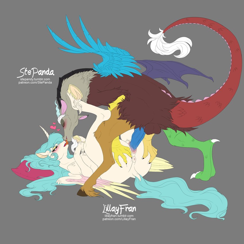 anus butt butt_grab duo equine_anus female feral hand_on_butt heart_symbol hooves horn kissing male male/female sex simple_background text tongues_touching underhoof vaginal wings lillayfran stepanda friendship_is_magic hasbro my_little_pony mythology discord_(mlp) princess_celestia_(mlp) chimera equid equine horse mammal mythological_creature mythological_equine pony winged_unicorn 1:1 absurd_res artist_collaboration hi_res url