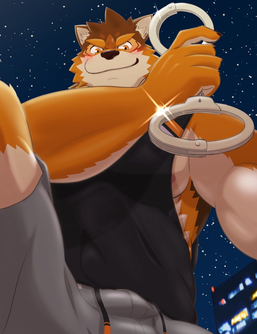 anthro biceps blush clothing countershading cuff_(restraint) handcuffs low-angle_view male metal_cuffs muscular muscular_anthro muscular_male night nipple_slip nipples pecs restraints shirt sky smile smirk solo star starry_sky tank_top topwear shi_ba_ki_chi lifewonders live_a_hero barrel_(live_a_hero) canid canine canis mammal wolf hi_res