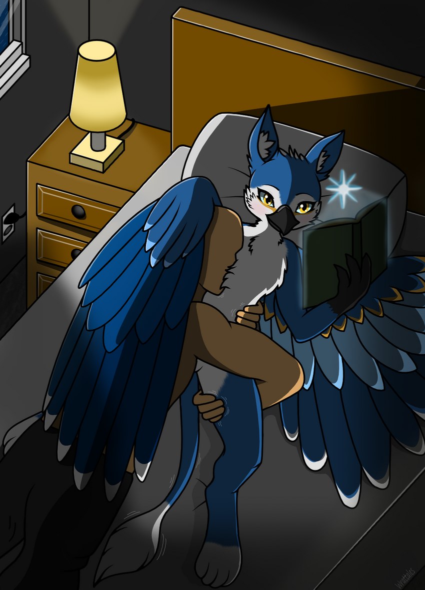 anthro beak bedroom blue_body blue_feathers blue_fur blush book chest_tuft cozy cuddling dim_lighting duo faceless_character faceless_human faceless_male feathers feeling feeling_up female female_on_human flat_chested fur furniture furniture_lamp human_on_anthro inside interspecies kissing_chest larger_male leg_grab looking_away looking_pleasured magic magic_user male male/female night petting pillow raining reading reading_book relaxing romantic romantic_couple size_difference smaller_female spread_legs spreading tail tail_tuft talon_hands thigh_grab tuft using_wings white_body white_fur wing_hug wings yellow_eyes wrattales2022 mythology rinna_(wrattales2022) avian gryphon human mammal mythological_avian mythological_creature hi_res