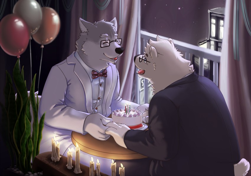 balloon bottomwear cake candle clothing dessert detailed_background duo eyes_closed eyewear food fur glasses humanoid_hands inflatable kemono male male/male necktie night pants romantic romantic_ambiance shirt sitting topwear white_body white_fur henjikotetsu bear canid canine canis mammal polar_bear ursine wolf 2018