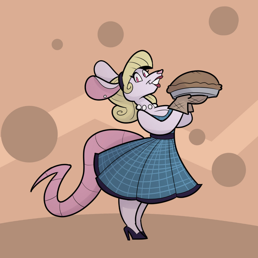 anthro blonde_hair clothing dessert dress female food footwear gem hair handwear high_heels housewife jewelry necklace oven_mitts pastry pearl_(gem) pearl_necklace pie shoes smile smiling_at_viewer solo tail thick_tail rusheloc mammal murid murine rat rodent