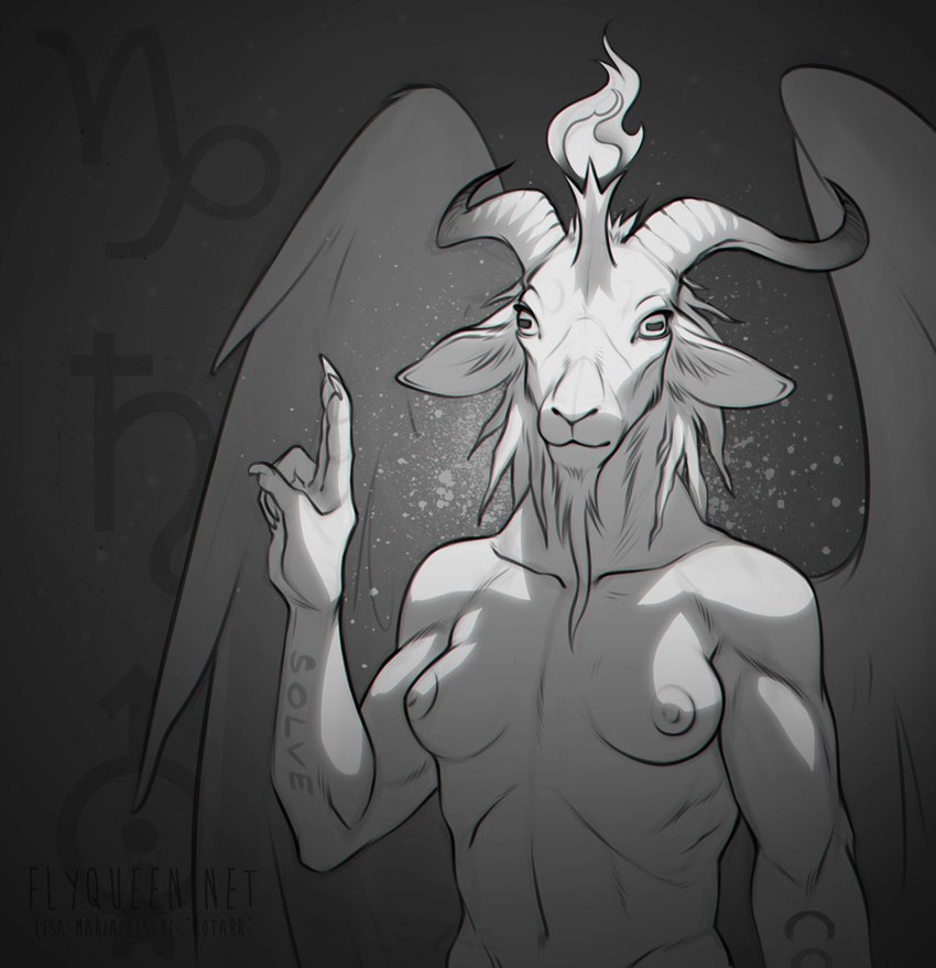 5_fingers anthro areola breasts feathered_wings feathers female fingers fire fur gesture grey_background horn inner_ear_fluff navel nipples simple_background solo text text_on_arm text_on_body tuft wings rotarr baphomet_(deity) bovid caprine caprine_demon deity demon goat_demon mammal 2017 english_text monochrome signature