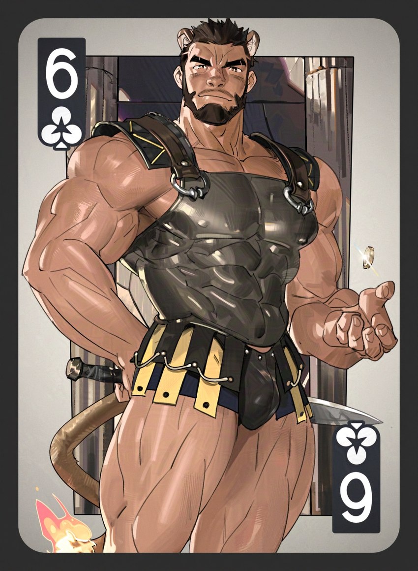 anthro beard biceps black_hair chausses coin coin_flip cuirass deltoids facial_hair feline_ears fire flaming_tail flipping_coin forearm_muscles hair holding_melee_weapon holding_object holding_sword holding_weapon lion_ears looking_at_viewer male melee_weapon muscular muscular_arms muscular_humanoid muscular_male nipple_outline pecs playing_card_template solo sword tail weapon tooboshoo alcander_(wakatanka4) animal_humanoid felid felid_humanoid humanoid lion_humanoid mammal mammal_humanoid pantherine pantherine_humanoid 2024 hi_res