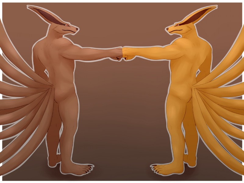 5_toes anthro butt duo feet fist_bump fur gesture humanoid_feet male muscular orange_body orange_fur plantigrade toes anubis-kruger naruto kurama yang-kurama yin-kurama canid canine demon fox mammal 4:3