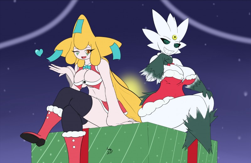 anthro big_breasts breasts cleavage clothed clothing crossed_legs duo female heart_symbol holidays one_eye_closed sitting wink kawma christmas nintendo pokemon generation_3_pokemon generation_6_pokemon humanoid jirachi legendary_pokemon mega_evolution mega_gengar pokemon_(species) shiny_pokemon hi_res