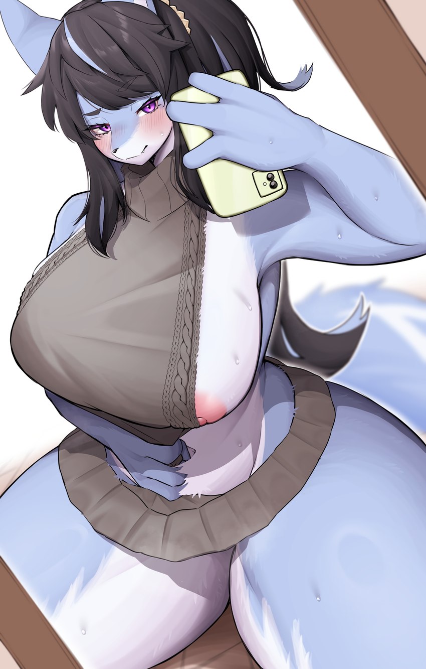 anthro big_breasts breasts clothed clothing female fingers fur kemono looking_at_viewer nipples selfie simple_background solo sweater topwear virgin_killer_sweater denyfake meme_clothing ookami-chan_(kim_3022) canid canine canis mammal wolf absurd_res digital_media_(artwork) hi_res meme