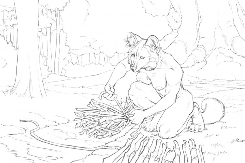 4_toes 5_fingers anthro breasts bundle casual_nudity feet female fingers forest fur hindpaw humanoid_hands inner_ear_fluff kneeling nipples nude on_one_knee outdoor_nudity outside paws plant solo stick toes tree tuft hibbary canid canine dhole mammal 2024 hi_res monochrome