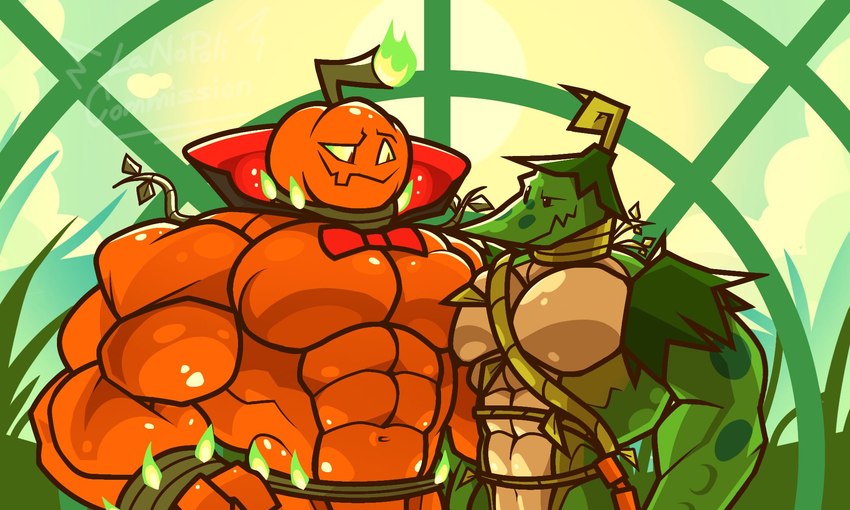 anthro big_muscles bow_tie duo food fruit looking_at_another male male/male muscular muscular_male not_furry nude pecs plant pumpkin smile lanopoli electronic_arts plants_vs._zombies popcap_games elemental_creature elemental_humanoid flora_fauna humanoid jack_o'_lantern_(pvz) limapleuradon plant_humanoid 5:3 hi_res